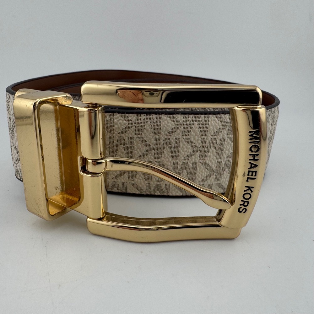 Michael Kors Reversible Belt 37.5' Vanilla Brown Good MK Logo Gold Buckle